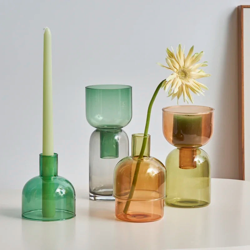 Kerzenhalter für Stumpenkerzen, Ständer, Heimdekoration, bunte Blumenvase aus Glas, dekorative Flasche, Aufbewahrungsschale, Pflanzenbehälter