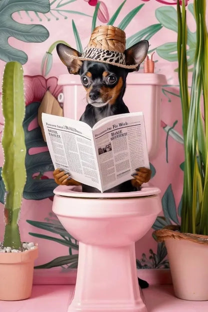 Funny Toilet Animals Black Cat Dog Flamingo Bear Tiger Reading Newspaper Poster Canvas Painting Wall Art Pictures Bathroom Decor