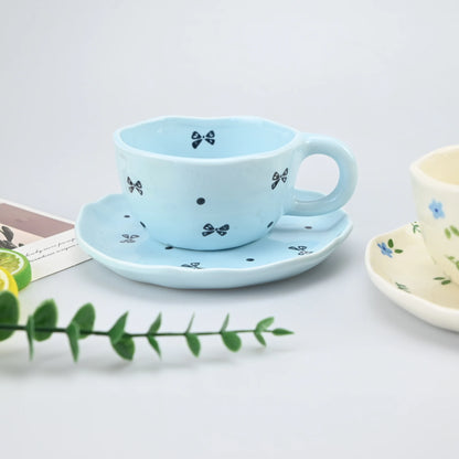 2PCS/Set High-end Coffee Cups And Saucers, High-value Ceramic Mugs, Business-style Latte Art Coffee Cups, Hand-pinched Cups