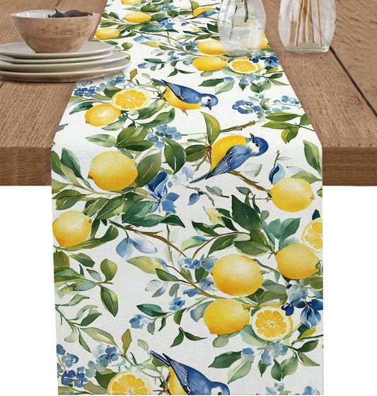 Lemon Tree Blue Birds Linen Table Runner  Holiday Party Decor Vintage Watercolor Floral Fruit Table Runners Dresser Scarf Decor