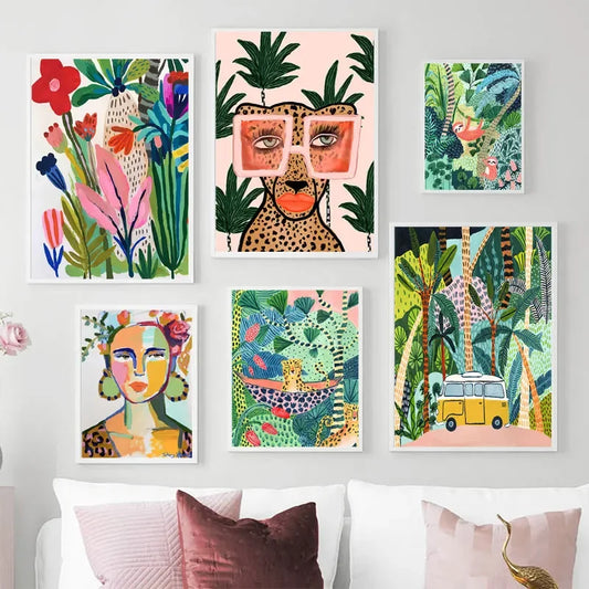 Tropical Colorful Girl Car Flower Koala Leopard Wall Art Canvas Painting Posters And Prints Wall Pictures For Living Room Decor