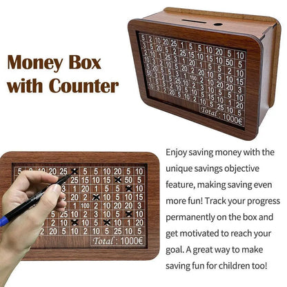 Boîte de banque de pièces en bois jetable décorative en bois naturel fait à la main boîte d'économie d'argent avec des objectifs d'argent compteur tirelire pour les enfants