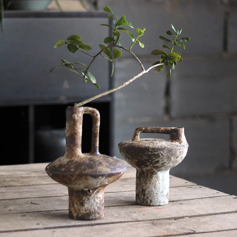 Jingdezhen-ceramic vase, rough pottery, flower arrangement, vintage handmade, wabi-sabi style, dried flowers, Zen arrangement