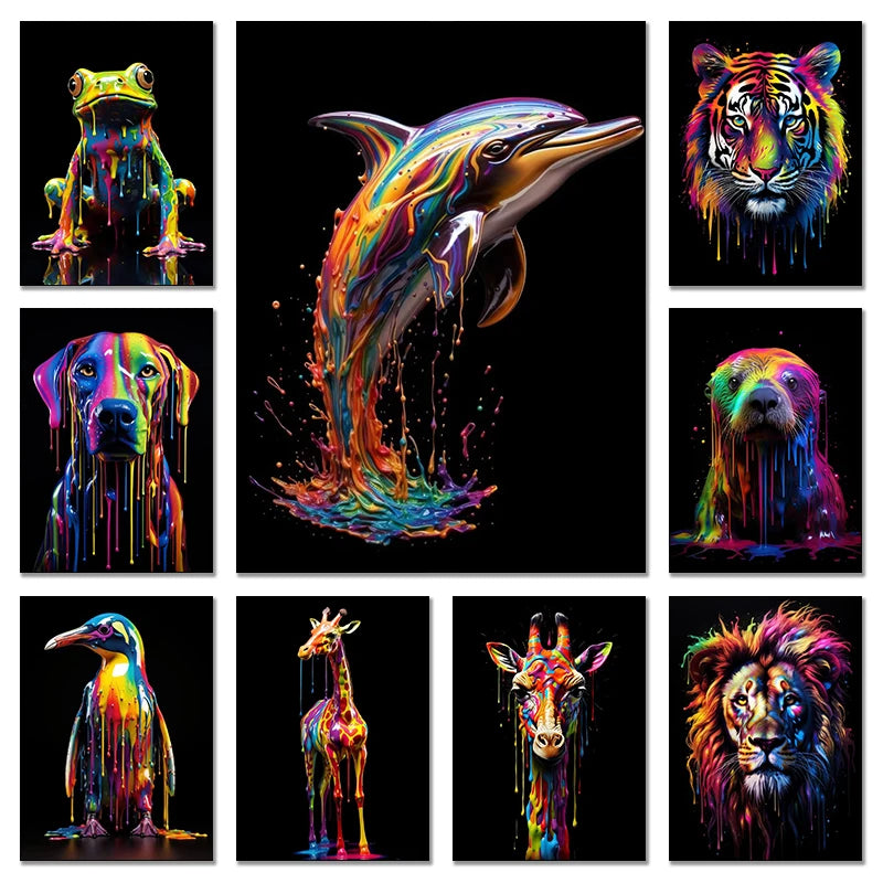 Animals With Paint Canvas Painting Rainbow Dog Sea Otter Elephent Poster Canva Prints HD Pictures Frog Animal Wall Art Unframed