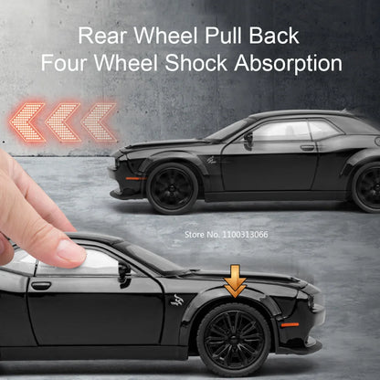 1:22 Challenger SRT Hellcat Demon Eyes Cars Models Toy 4 Doors Opened Sports Car Light Music Vehicles Collection Kids Toys Gifts