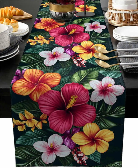 Spring Colorful Wildflower Green Leaf Linen Table Runner Dresser Scarf Decor Red Flower Table Runners Kitchen Dining Table Decor