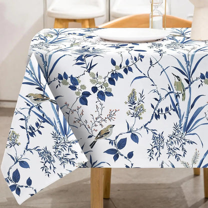 Retro Blue Bird Flowers Waterproof Tablecloth Holiday Party Decor Navy Blue Floral Leaf Rectangle Table Cloth Dining Table Decor
