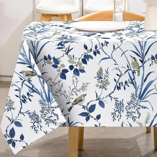 Retro Blue Bird Flowers Waterproof Tablecloth Holiday Party Decor Navy Blue Floral Leaf Rectangle Table Cloth Dining Table Decor