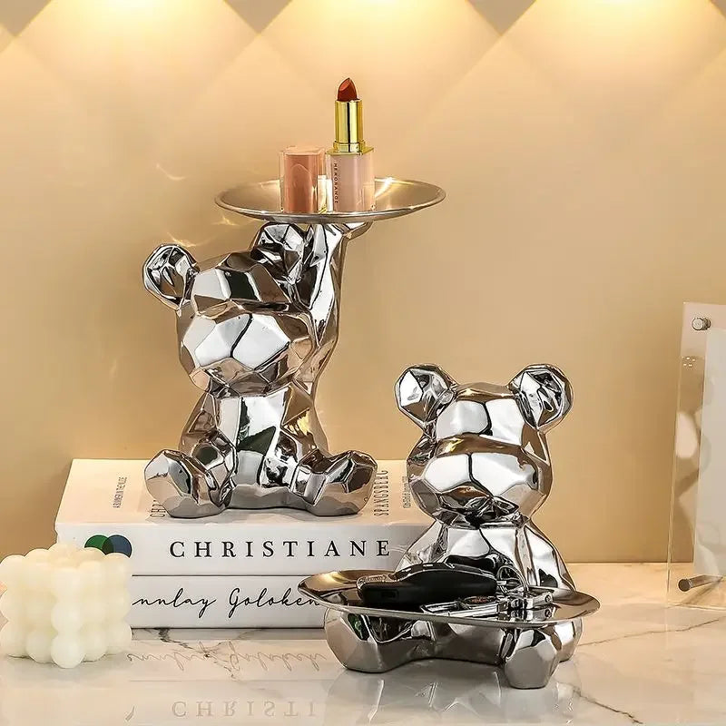 Geometric shape ceramic electroplating statue bear with piggy bank tray, candy, cosmetic storage box, display shelf decoration.