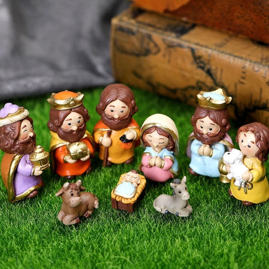 Christmas Manger Decoration Set Cartoon Jesus Holy Figure Resin Figurines for Home Bedroom Living Room Decoration