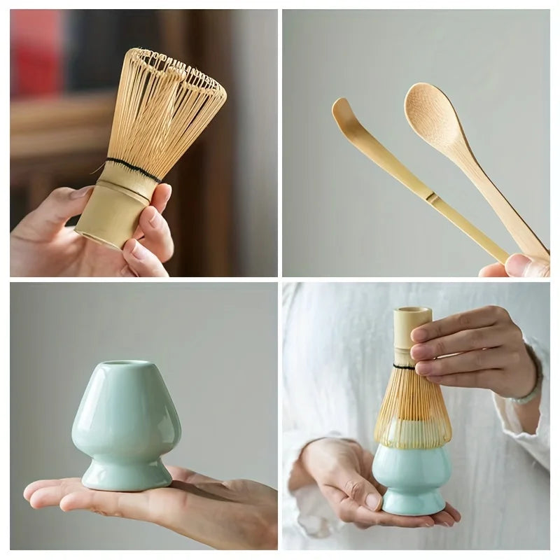 4pcs/set Matcha Set Bamboo Whisk Tea spoon Ceramic fittings Matcha Whisk (Chasen) Tea Spoon And Scoop (Chashaku) Tea-making Tool