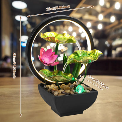 Tabletop Water Fountain USB Powered Relaxation Desktop Waterfall Fountain With Natural Rocks And LED Ring Lights For Home Decor