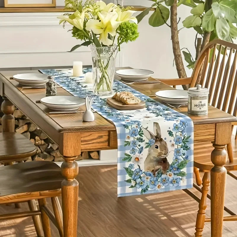 Easter Bunny Blue Flowers Linen Table Runner for Easter Decorations Spring Daisy Floral Plaid Table Runners Holiday Party Decor