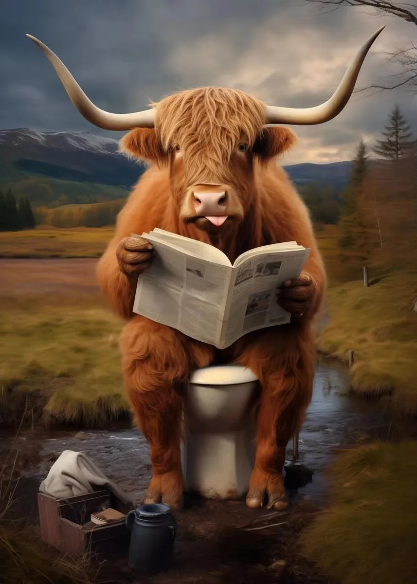 Highland Cow Sheep Mouse Sitting on The Toilet Reading Newspaper Poster Animal Print Canvas Painting Funny Bathroom Wall Decor