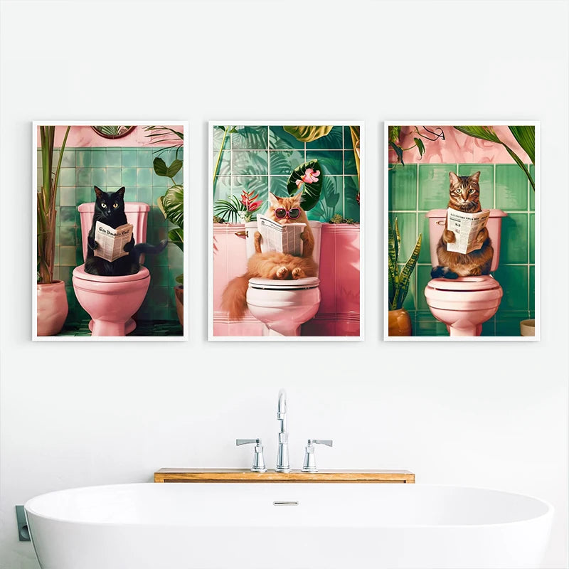 Funny Toilet Animals Black Cat Dog Flamingo Bear Tiger Reading Newspaper Poster Canvas Painting Wall Art Pictures Bathroom Decor