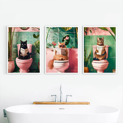 Funny Toilet Animals Black Cat Dog Flamingo Bear Tiger Reading Newspaper Poster Canvas Painting Wall Art Pictures Bathroom Decor