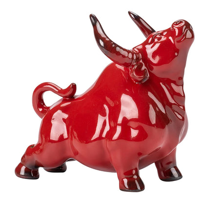 Ceramic Bull Figurine Ornament Sculpture Table Decor for Living Room Office ( Red )
