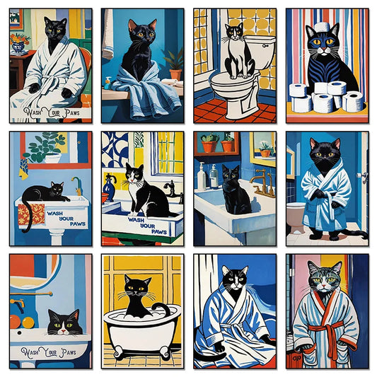 Interesting Animal Bathroom Cat Abstract Art Posters Prints Canvas Painting Wall Art Picture Living Room Home Decor