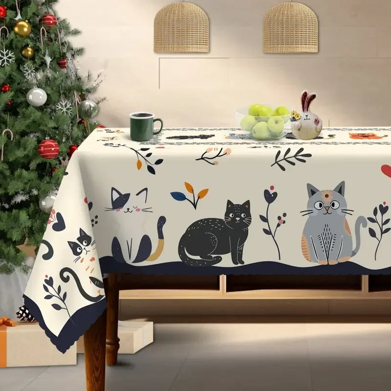 Cute Cat Floral Printed Rectangle Tablecloth Wedding Party Decor Orange Black Gray Cats Polyester Table Cloth Dining Table Decor