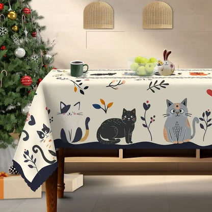 Cute Cat Floral Printed Rectangle Tablecloth Wedding Party Decor Orange Black Gray Cats Polyester Table Cloth Dining Table Decor