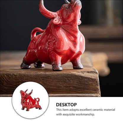 Ceramic Bull Figurine Ornament Sculpture Table Decor for Living Room Office ( Red )