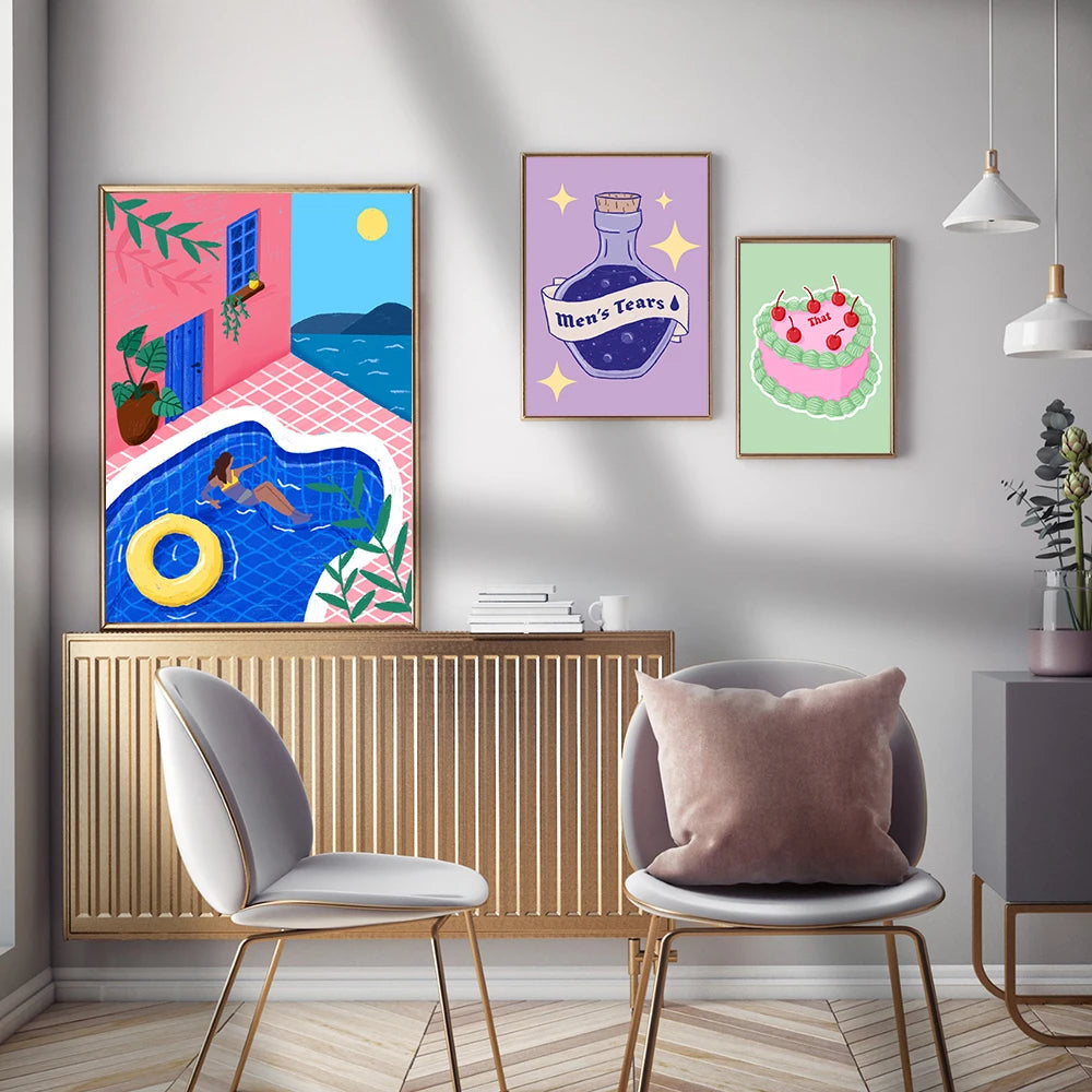Abstract Colorful PIcture Swimming Pool Art Poster Print Romantic Girl Drinks Milk Cake Canvas Painting Living Room Home Decor