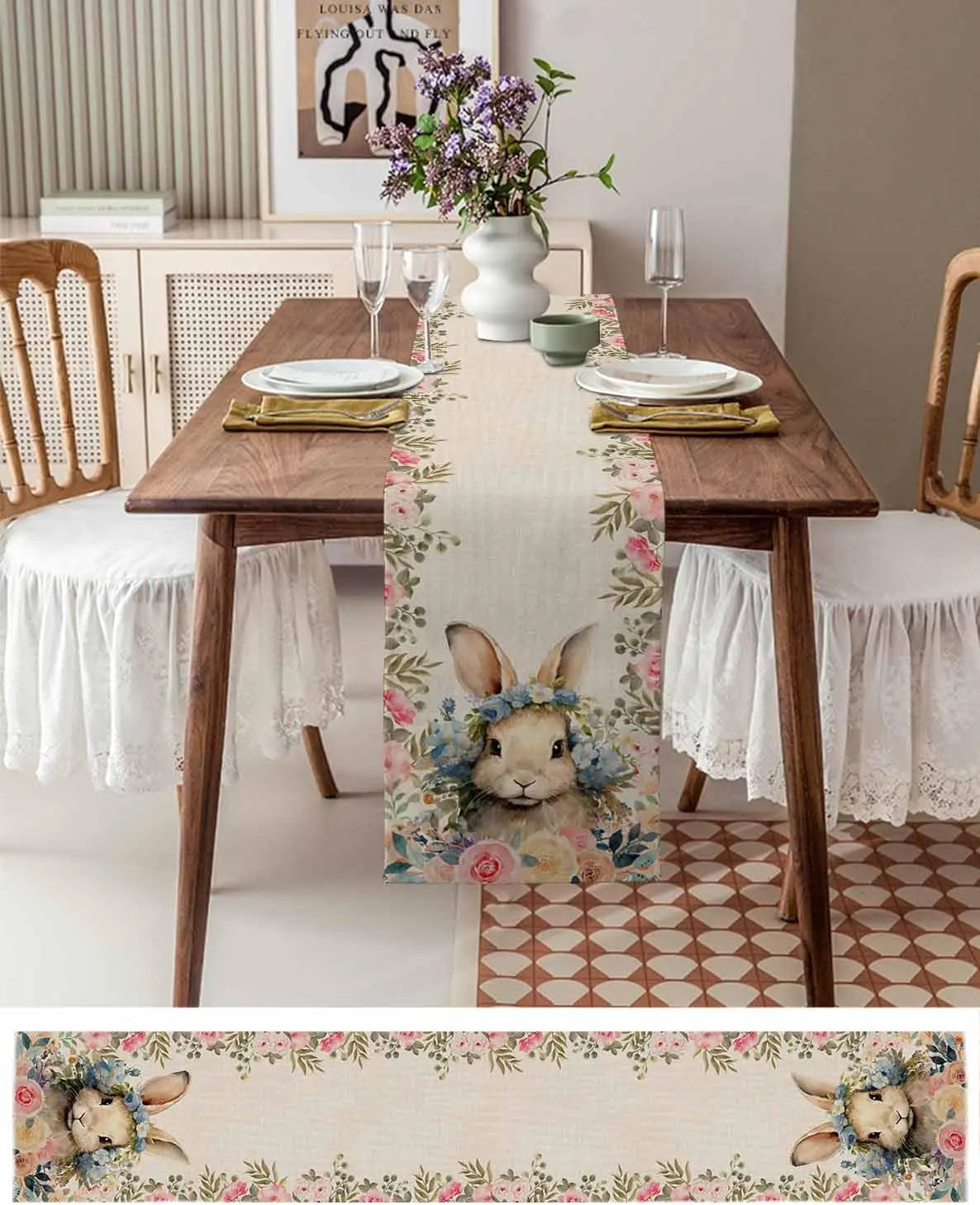 Easter Rabbit Bunny Rose Linen Flowers Table Runner Holiday Party Decor Spring Floral Botanical Table Runners Easter Decorations