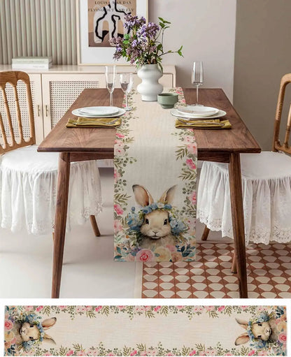 Easter Rabbit Bunny Rose Linen Flowers Table Runner Holiday Party Decor Spring Floral Botanical Table Runners Easter Decorations