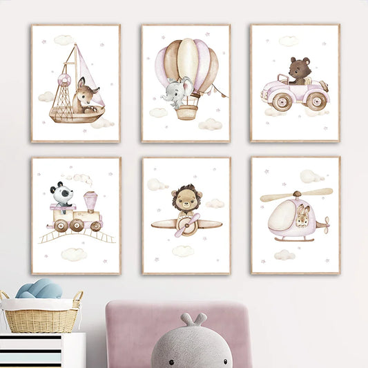 Boho Lion Giraffe Elephant Panda Balloon Wall Art Canvas Prints Painting Cartoon Pictures Kids Room Decor Nordic Nursery Posters