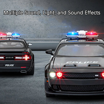 1:22 Alloy Diecast Challenger SRT Hellcat Police Cars Model Toys Demon Eyes 4 Doors Opened with Sound Light Toy Vehicle for Boys