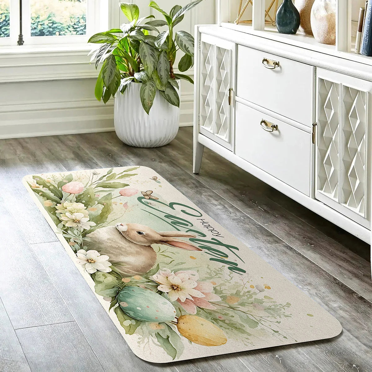 Easter Bunny Kitchen Mat Home Decor Spring Flowers Bedroom Bathroom Non-slip Floormat Balcony Hallway Toilet Entrance Door Mat