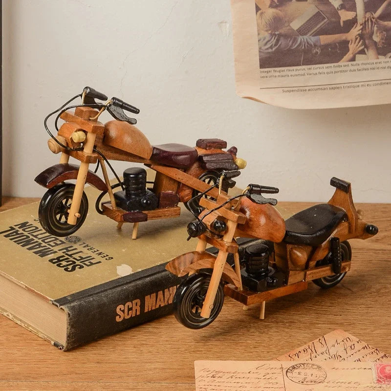 Retro Wooden Motorcycle Model Car Toy Doll Ornaments Wooden Handmade Home Office Decoration Crafts Children's Birthday Gifts