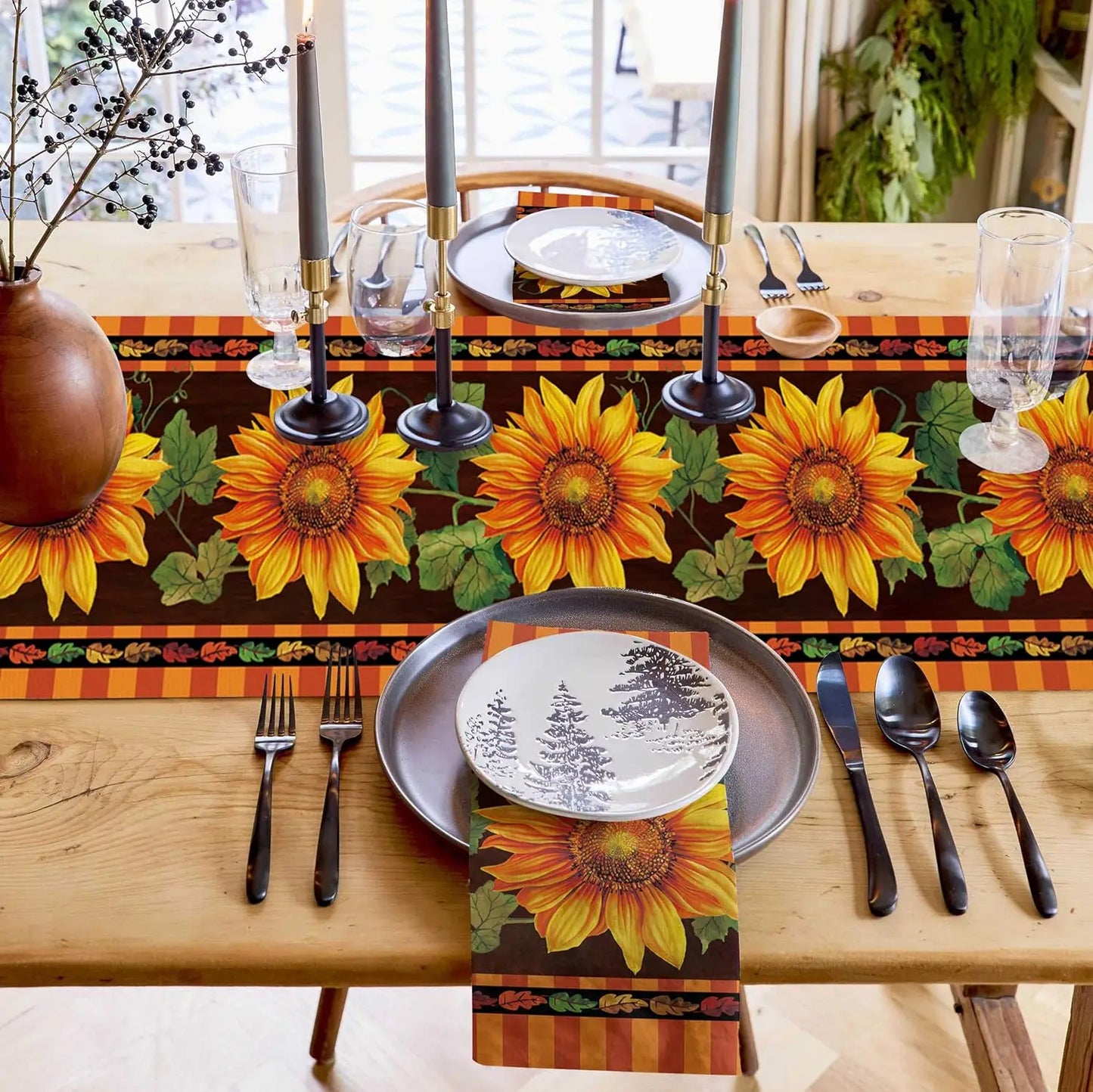 Autumn Sunflower Buffalo Plaid Linen Table Runner Fall Leaves Orange Dresser Scarf for Holiday Wedding Party Kitchen Table Decor