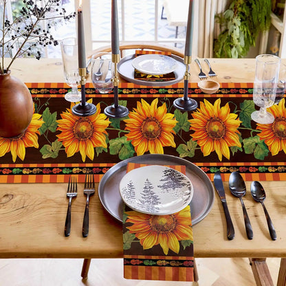 Autumn Sunflower Buffalo Plaid Linen Table Runner Fall Leaves Orange Dresser Scarf for Holiday Wedding Party Kitchen Table Decor
