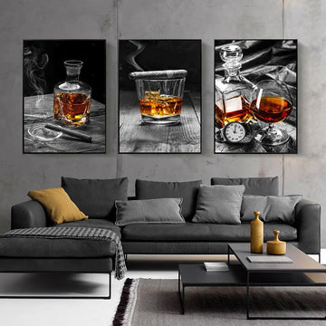 Cigar Whiskey Wall Art Canvas Painting Wine Liquor Still Life Posters Black and White Print Pictures for Living Room Home Decor