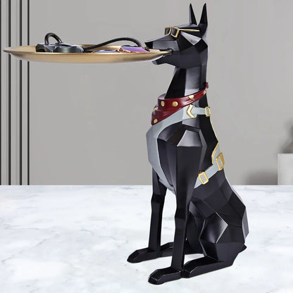 Doberman Pinscher – Sculpture de chien en résine, majordome avec plateau en métal, ornement artisanal, Figurines d'animaux décoratifs pour la maison
