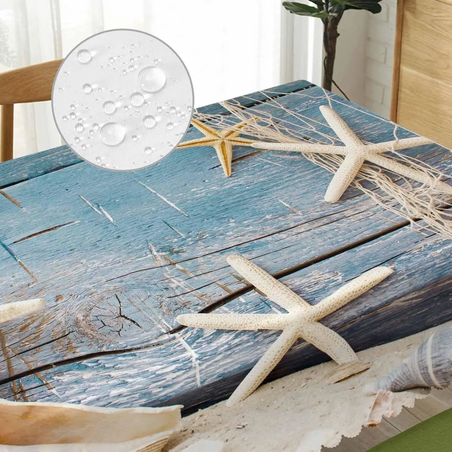 Beach Starfish Seashell Fishnet Rectangle Tablecloth Party Decor Rustic Wood Grain Waterproof Table Cloth for Dining Table Decor