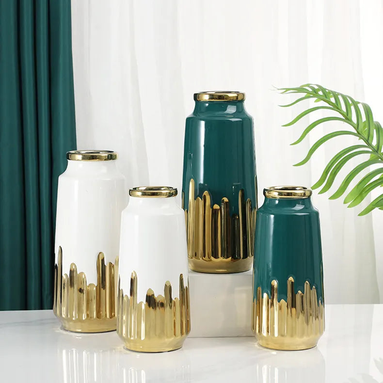 Decorative Home hydroponic flower arrangement electric gold-plated green ceramic vase Modern decorative vase light luxury ins