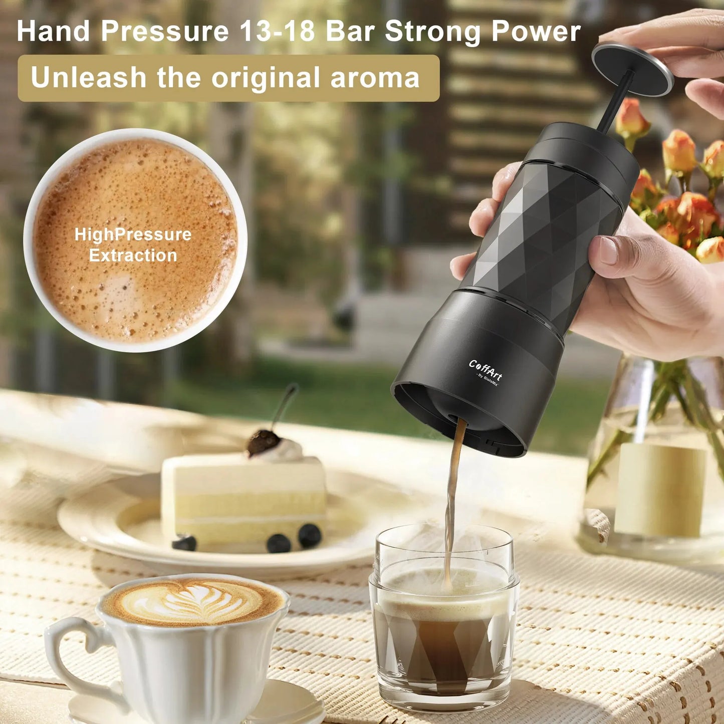 Machine à café portative Machine à expresso presse à main Capsule cafetière à café moulu Portable pour voyage et pique-nique, BioloMix
