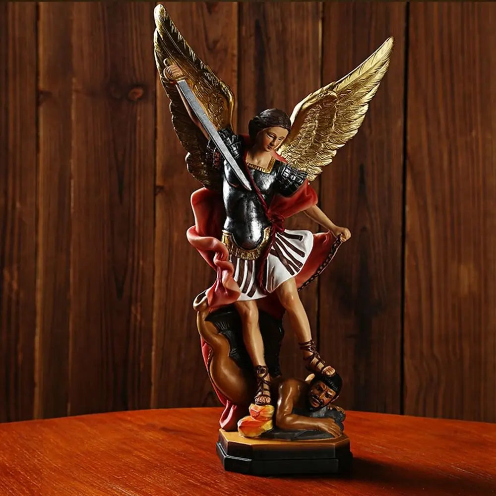 Classical Saint Milka Angel Statue Resin Handmade Killing Demon God Sculpture Swords Angel Hold Books Religious Statue Bedroom