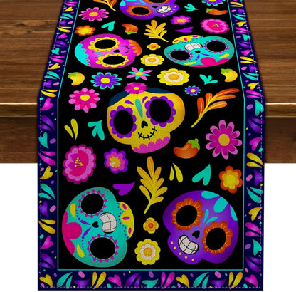 Mexican Day of The Dead Sugar Skull Linen Table Runners Mexico Fiesta Dia De Los Muertos Home Decor Halloween Theme Party Decor