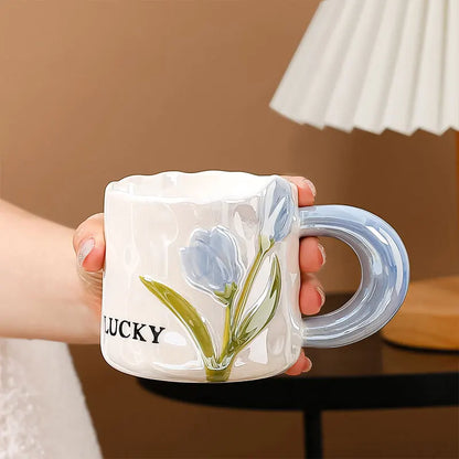 Tulip Mug Creative Ceramic Cup with Handle and Spoon Gift Cute Couple Coffee Water Cup Wedding Birthday Gifts