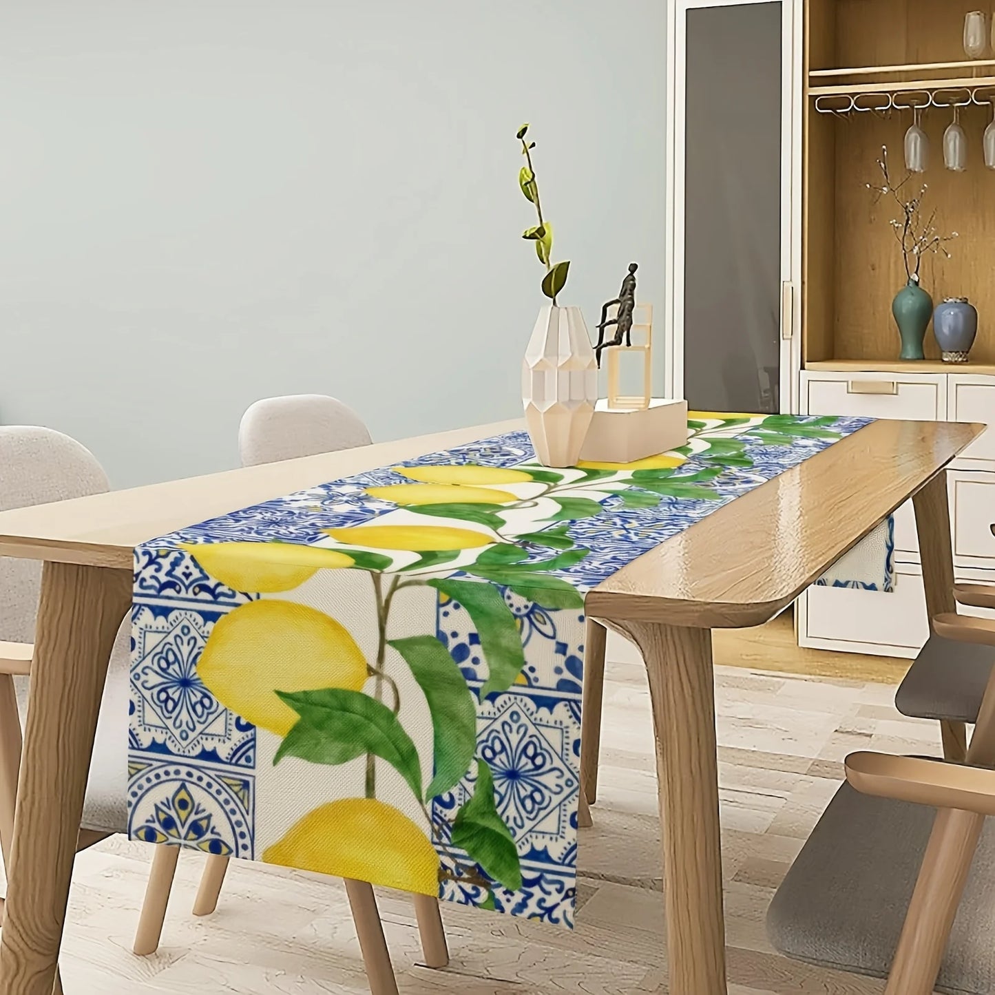 Yellow Lemon Blue Tile Printed Linen Table Runner Holiday Party Decor Summer Lemon Fruit Plant Table Runners Kitchen Table Decor