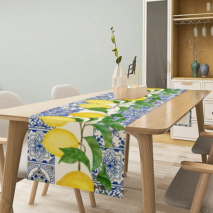 Yellow Lemon Blue Tile Printed Linen Table Runner Holiday Party Decor Summer Lemon Fruit Plant Table Runners Kitchen Table Decor