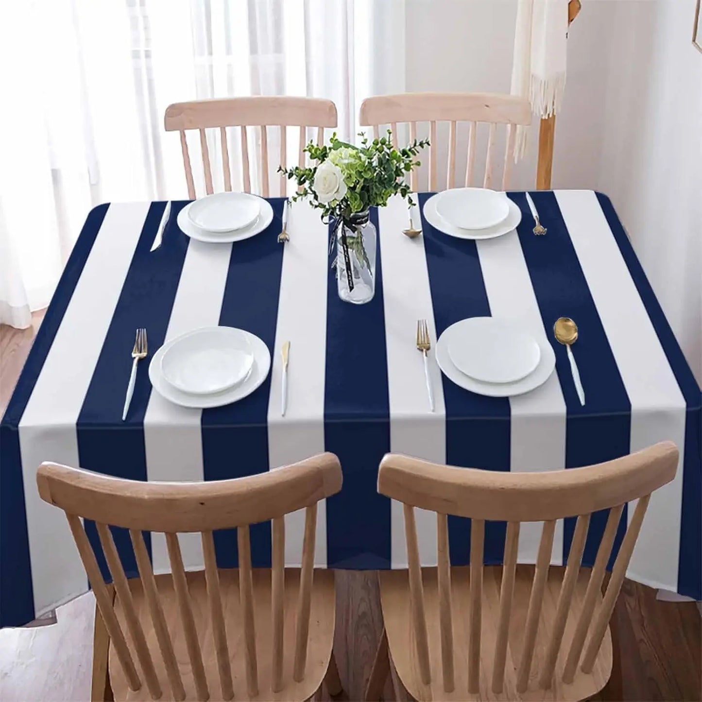 Navy Blue Stripe Rectangle Tablecloth Holiday Party Decor Washable Boho Modern Geometric Table Cloths Kitchen Dining Table Decor