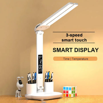 LED Clock Table Lamp USB Chargeable Dimmable Desk Lamp 2 Heads 180 Rotate Foldable Eye Protection Reading Night Light