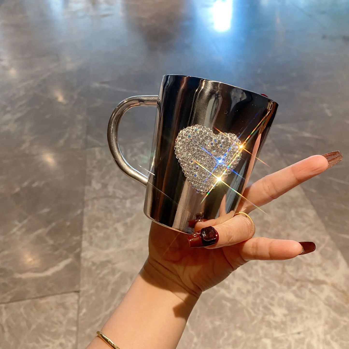 Sparkling Diamond Heart Stainless Steel Coffee Mug | BPA-Free, Shatterproof, Perfect for Hot Drinks