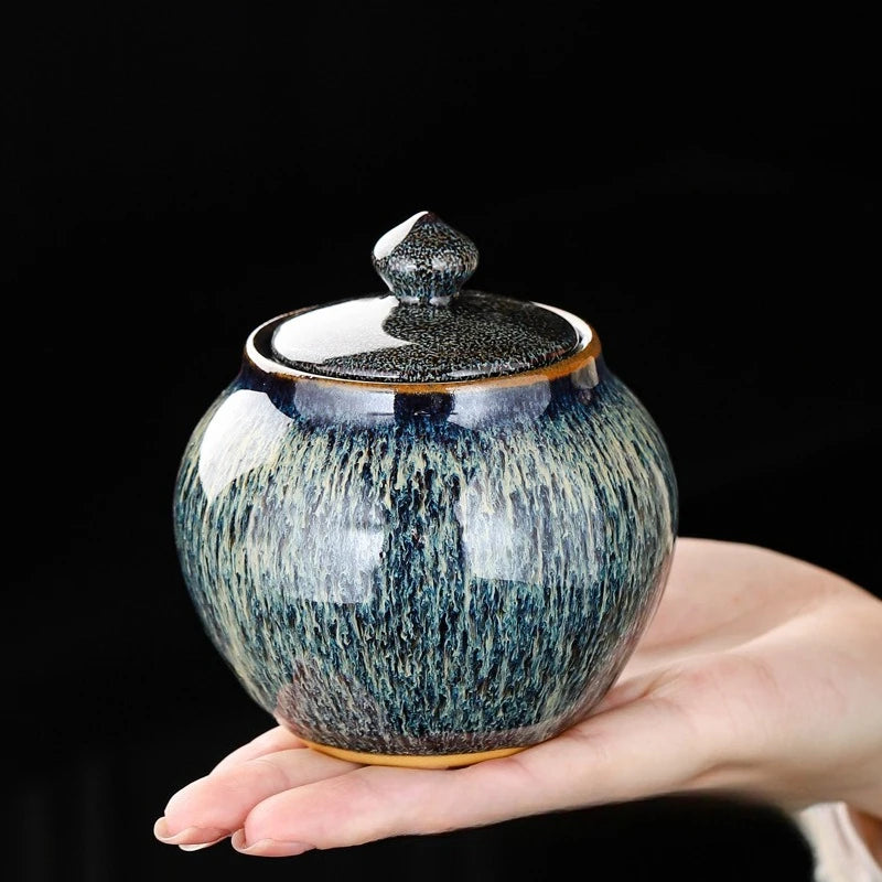 Painted Texture Tea Canister Sealed Ceramic Tea Caddy Storage Jar with Lid Coffee Table Desk Decoration General Jar Candy Can