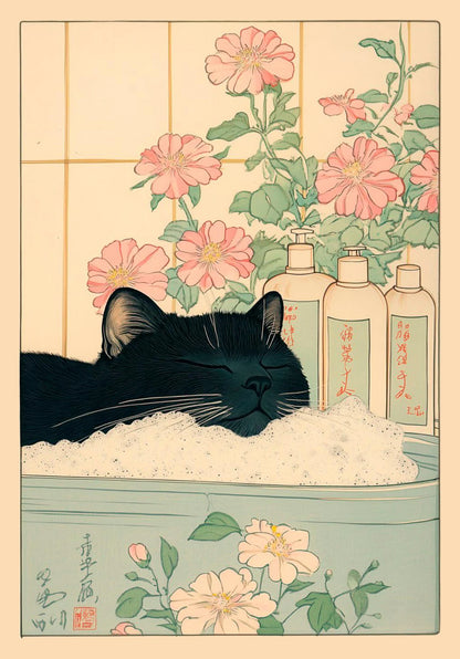 Japanese Tabby Cat in Bathtub Poster Prints Canvas Painting Retro Aesthetic Wall Art Picture Japandi Bathroom Toilet Home Decor