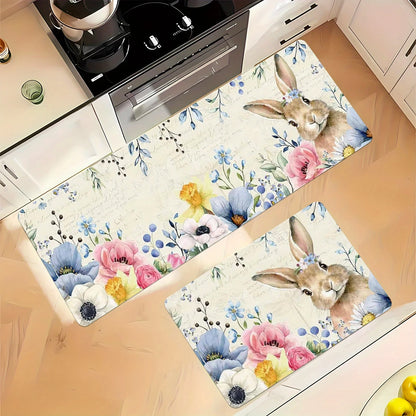 Happy Easter Spring Rabbit Flowers Kitchen Floormats Living Room Balcony Hallway Entrance Rugs Bathroom Toilet Non-slip Door Mat